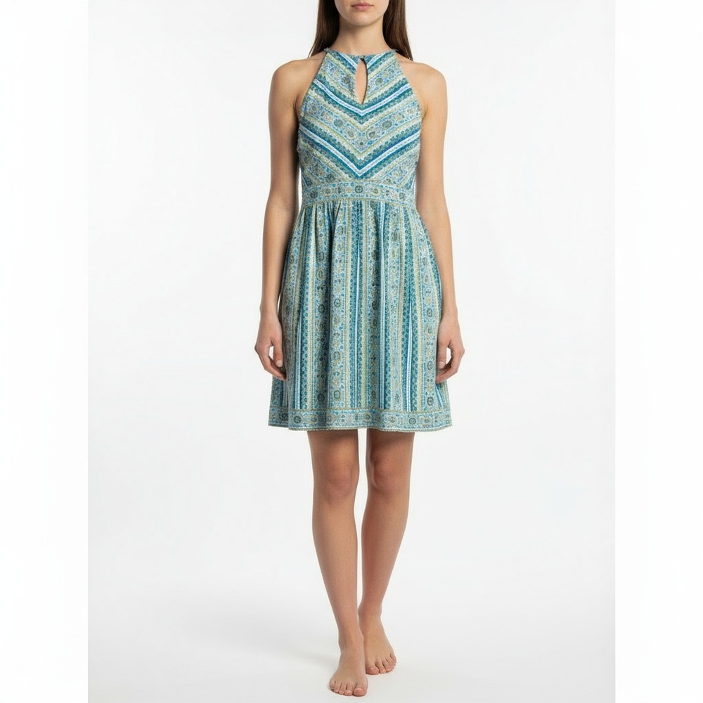 Ann Taylor Halter Sundress Women’s M Blue Teal Geometric Stripe‎ Print